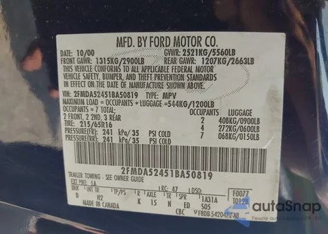 2001 Ford Windstar Se from USA, damaged, VIN 2FMDA52451BA50819